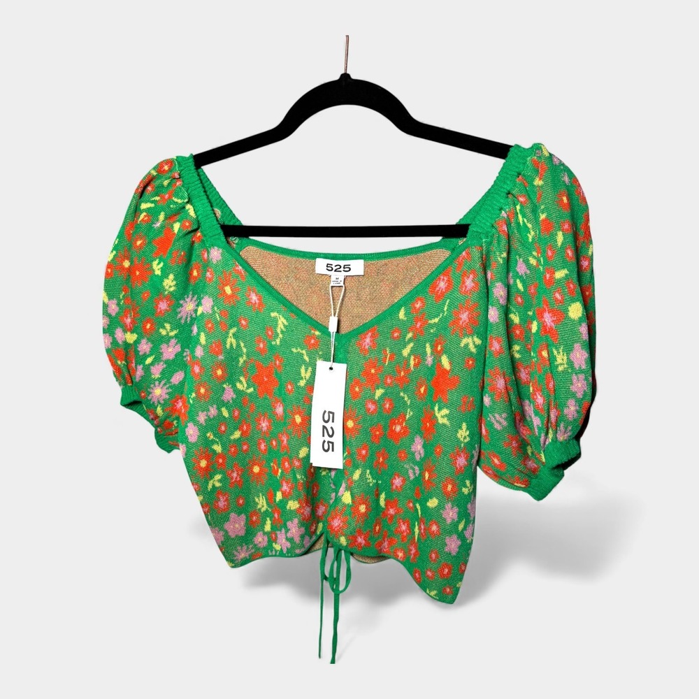 525‎ Garden Multi Floral Puff Sleeve Knit Crop Top Size M - NWT